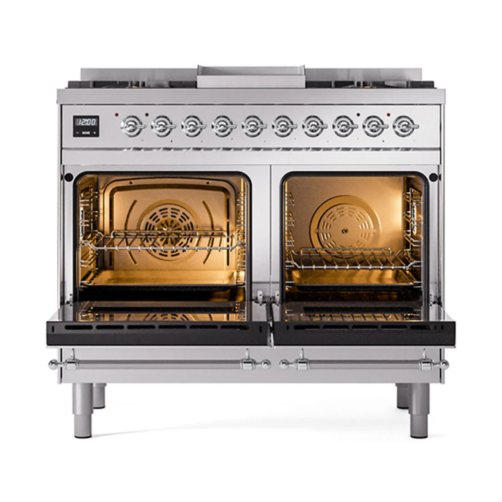ILVE 40-Inch Nostalgie II Natural Gas Dual Fuel Range with 6 Burners, Griddle and Solid Door Oven in Stainless Steel with Chrome Trim (UPD40FQNMPSSC) - Image 2