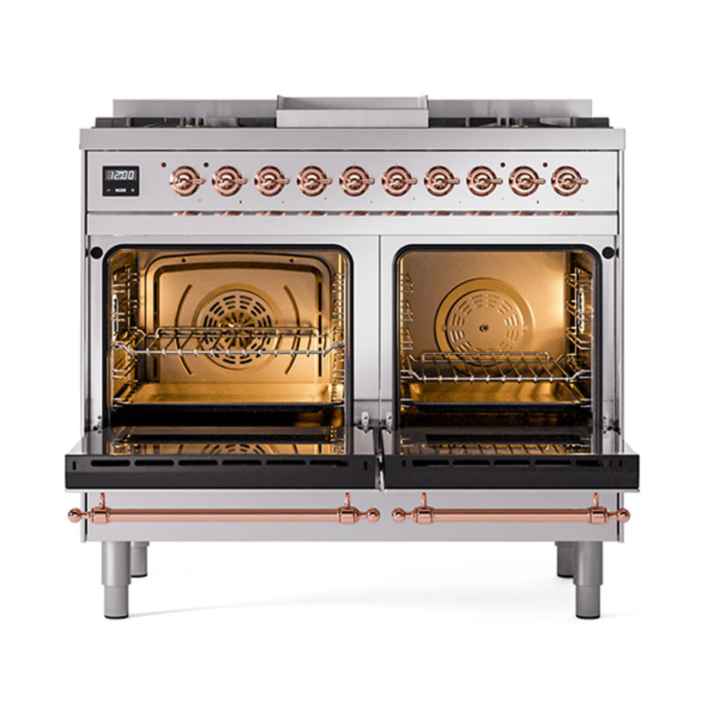 ILVE 40-Inch Nostalgie II Natural Gas Dual Fuel Range with 6 Burners, Griddle and Solid Door Oven in Stainless Steel with Copper Trim (UPD40FQNMPSSP) - Image 2