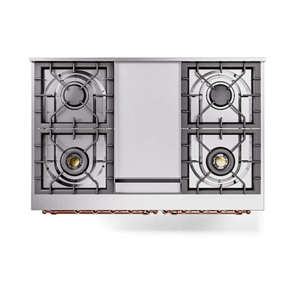 ILVE 40-Inch Nostalgie II Natural Gas Dual Fuel Range with 6 Burners, Griddle and Solid Door Oven in Stainless Steel with Copper Trim (UPD40FQNMPSSP) - Image 3