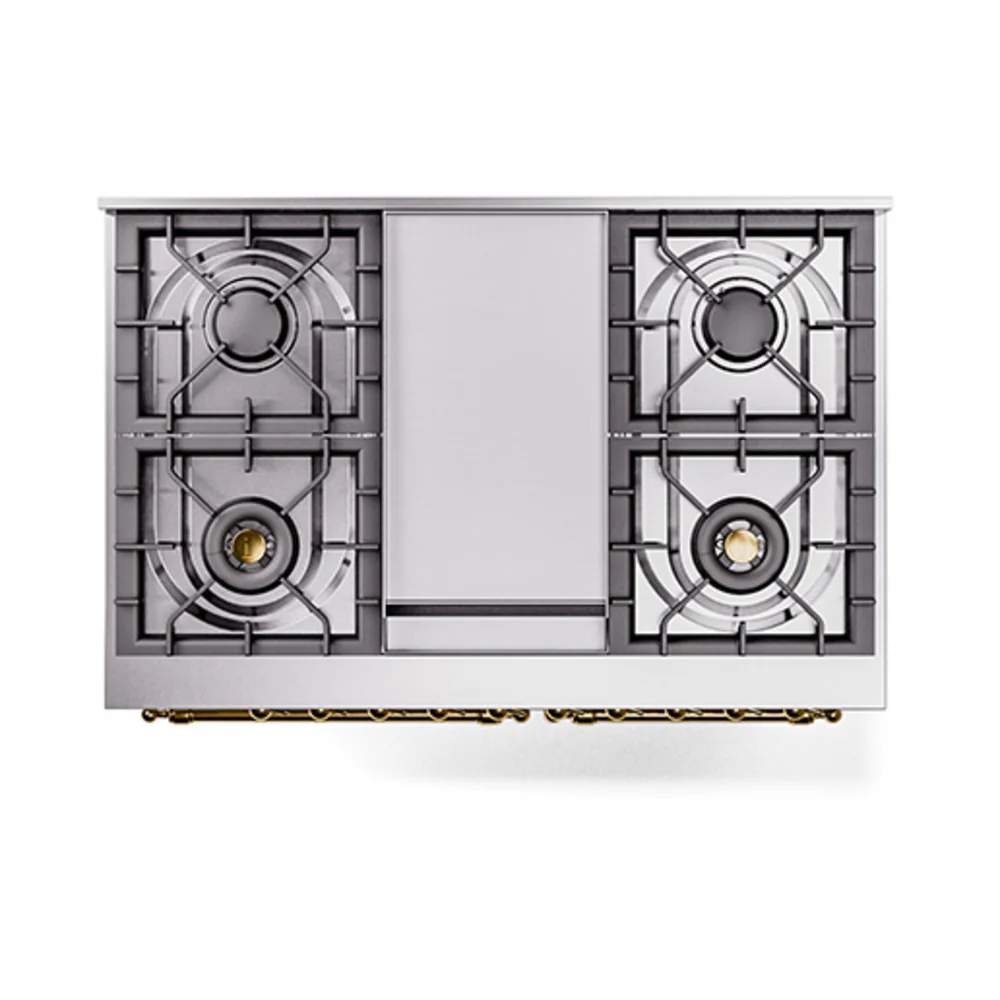 ILVE 40-Inch Nostalgie II Natural Gas Dual Fuel Range with 6 Burners, Griddle and Solid Door Oven in White with Brass Trim (UPD40FQNMPWHG) - Image 3