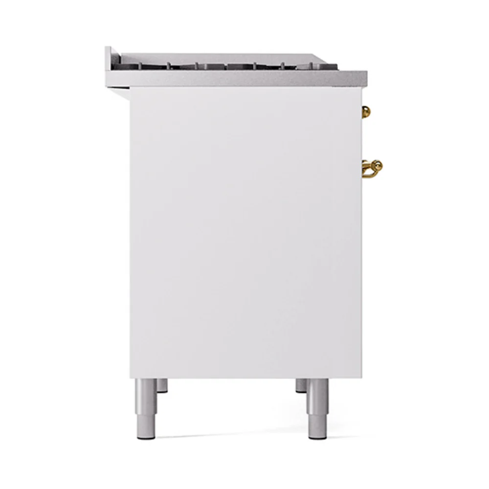 ILVE 40-Inch Nostalgie II Natural Gas Dual Fuel Range with 6 Burners, Griddle and Solid Door Oven in White with Brass Trim (UPD40FQNMPWHG) - Image 4