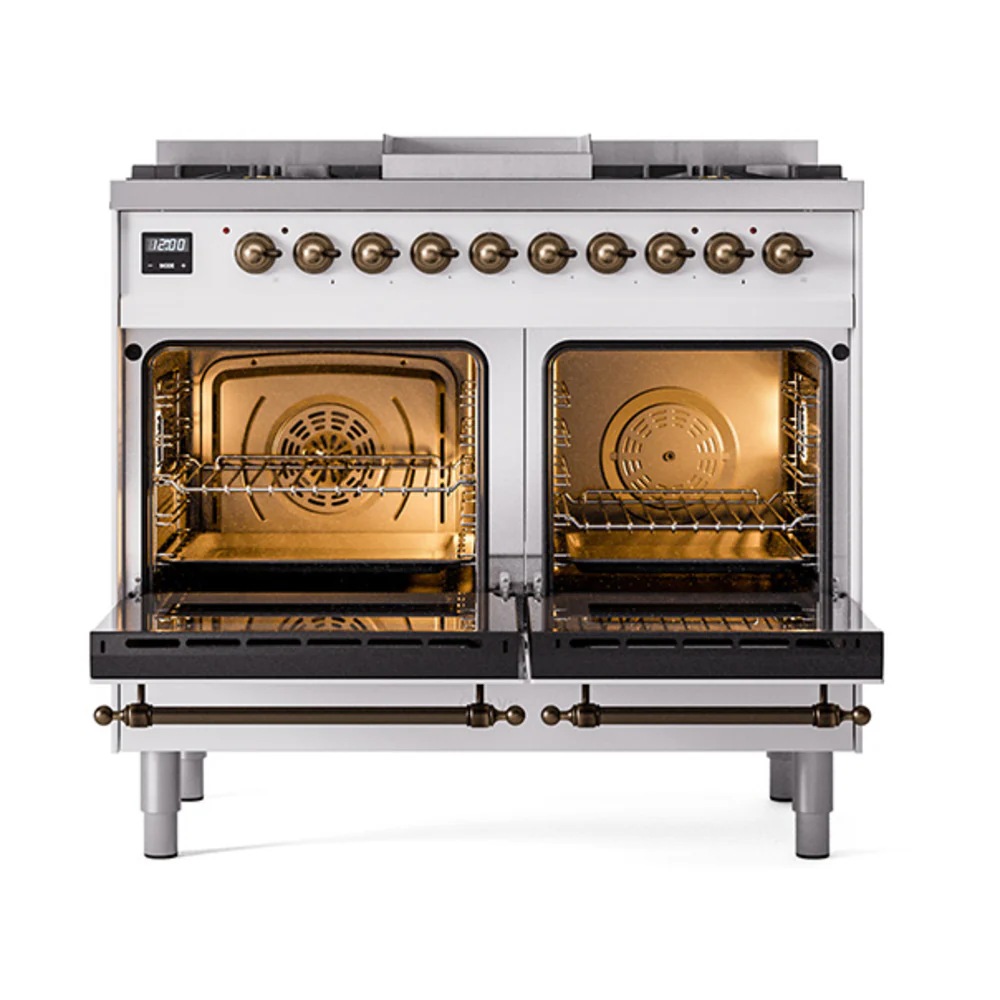 ILVE 40-Inch Nostalgie II Natural Gas Dual Fuel Range with 6 Burners, Griddle and Solid Door Oven in White with Bronze Trim (UPD40FQNMPWHB) - Image 2