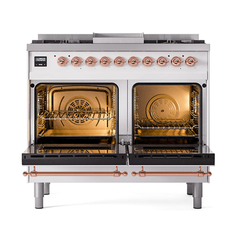ILVE 40-Inch Nostalgie II Natural Gas Dual Fuel Range with 6 Burners, Griddle and Solid Door Oven in White with Copper Trim (UPD40FQNMPWHP) - Image 2