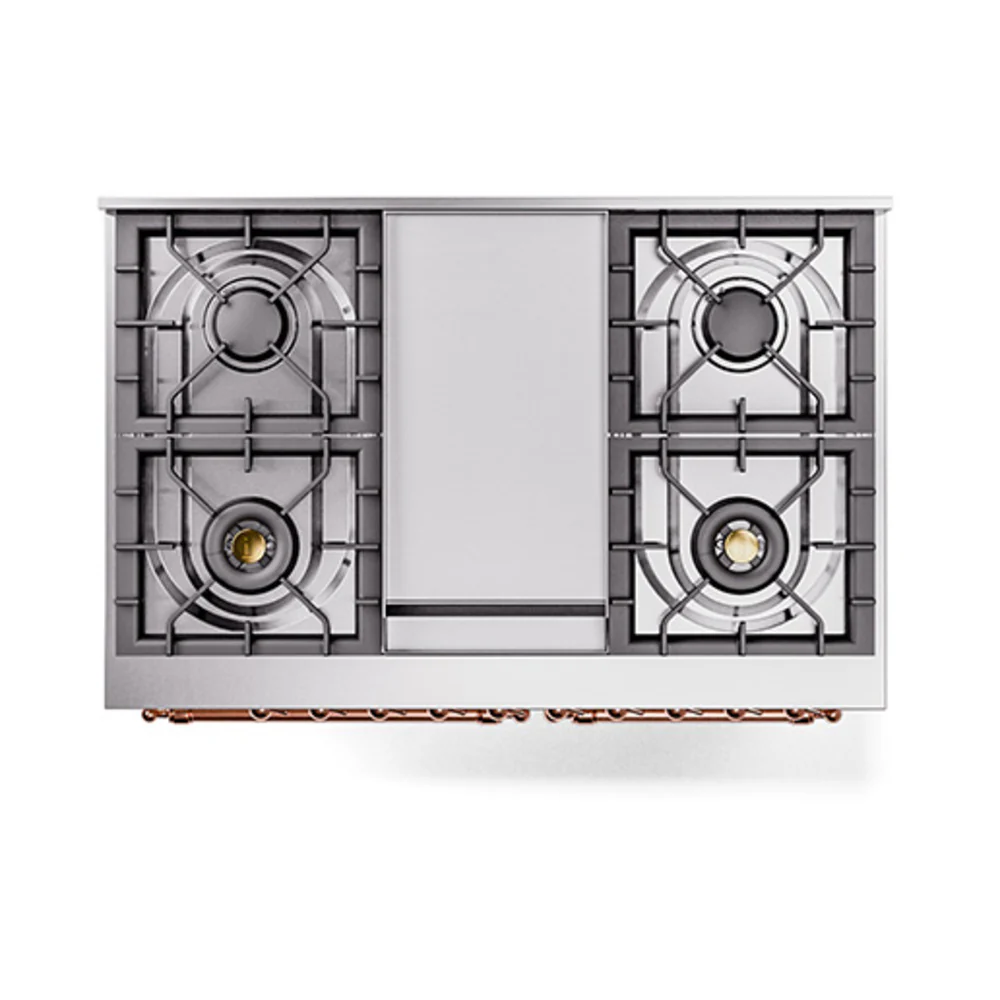 ILVE 40-Inch Nostalgie II Natural Gas Dual Fuel Range with 6 Burners, Griddle and Solid Door Oven in White with Copper Trim (UPD40FQNMPWHP) - Image 3