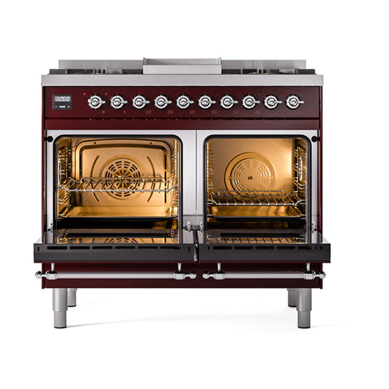 ILVE 40-Inch Nostalgie II Noblesse Natural Gas Dual Fuel Range with Solid Door Oven in Burgundy with Chrome Trim (UND40FQNMPBUC) - Image 2