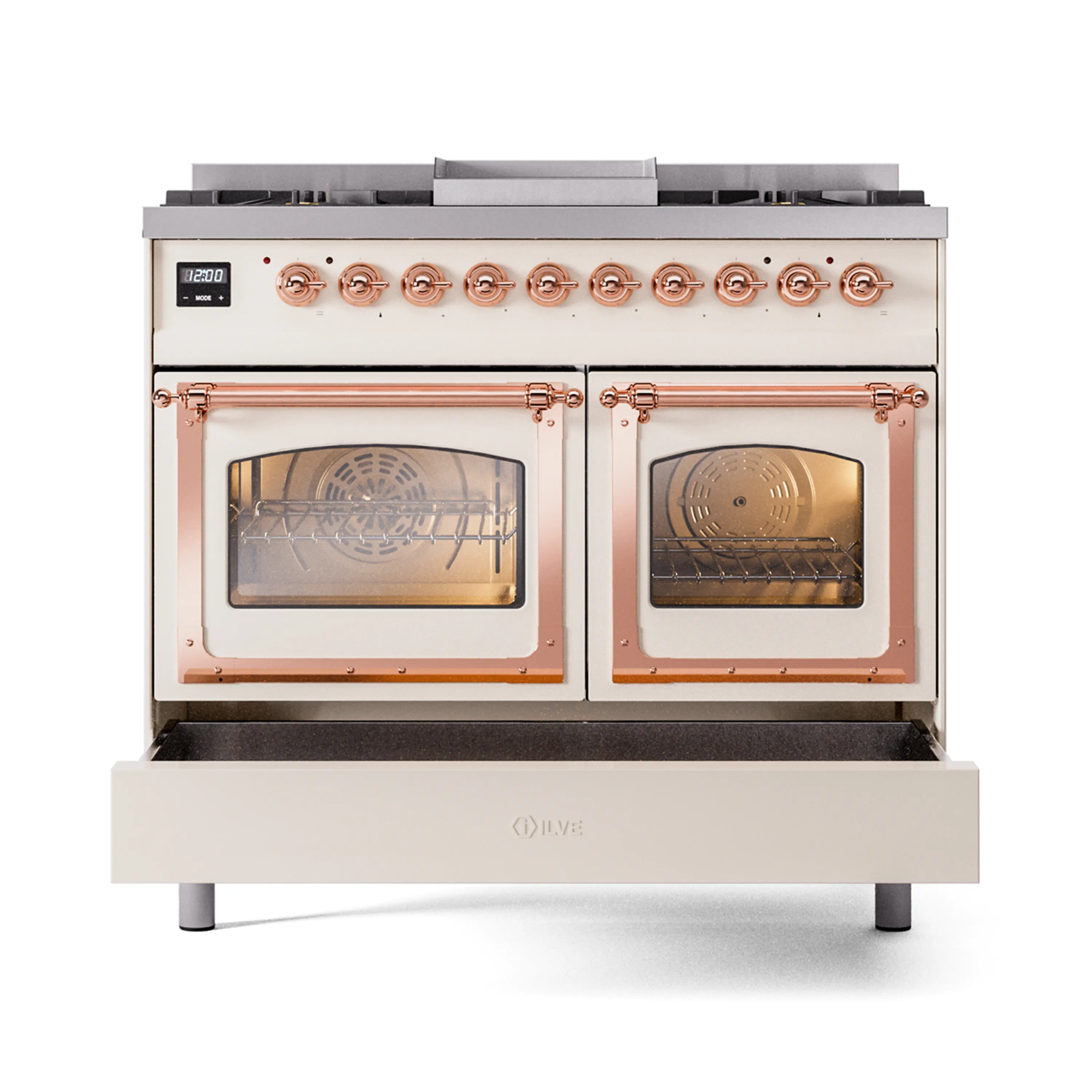 ILVE 40-Inch Nostalgie II Noblesse Natural Gas Dual Fuel Range with Triple Glass Door Oven in Antique White with Copper Trim (UND40FNMPAWP) - Image 6