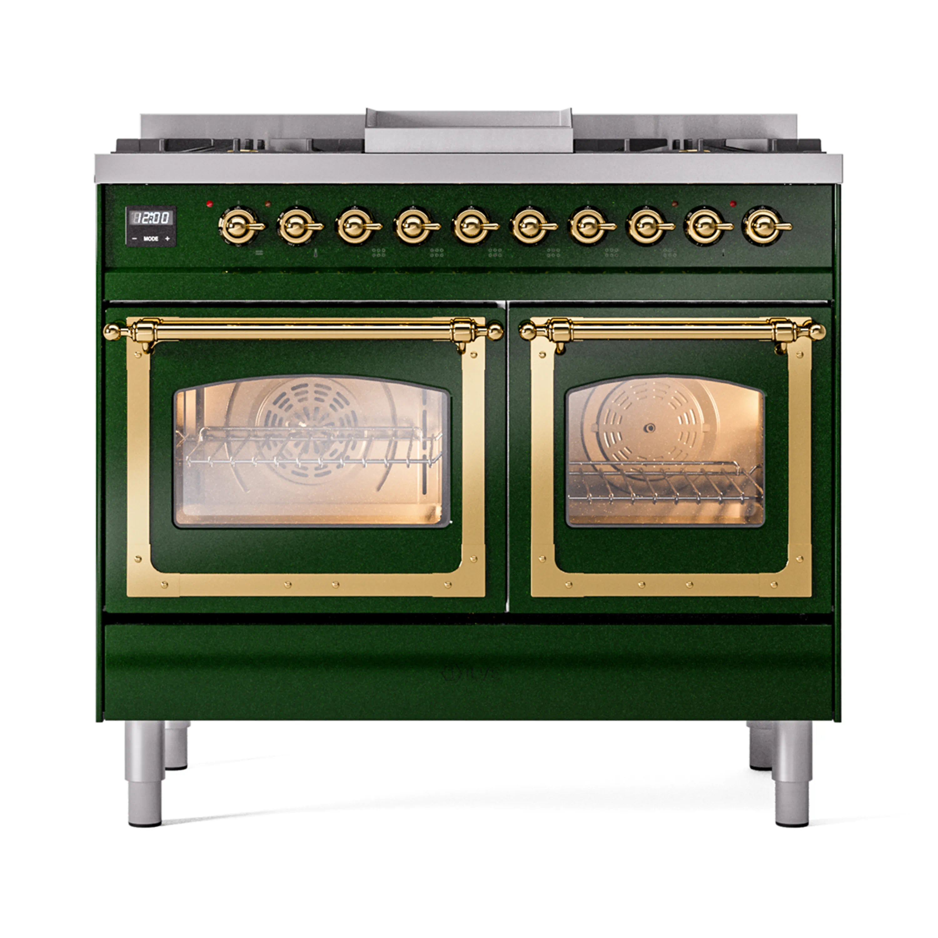 ILVE 40-Inch Nostalgie II Noblesse Natural Gas Dual Fuel Range with Triple Glass Door Oven in Emerald Green with Brass Trim (UND40FNMPEGG) - Image 2