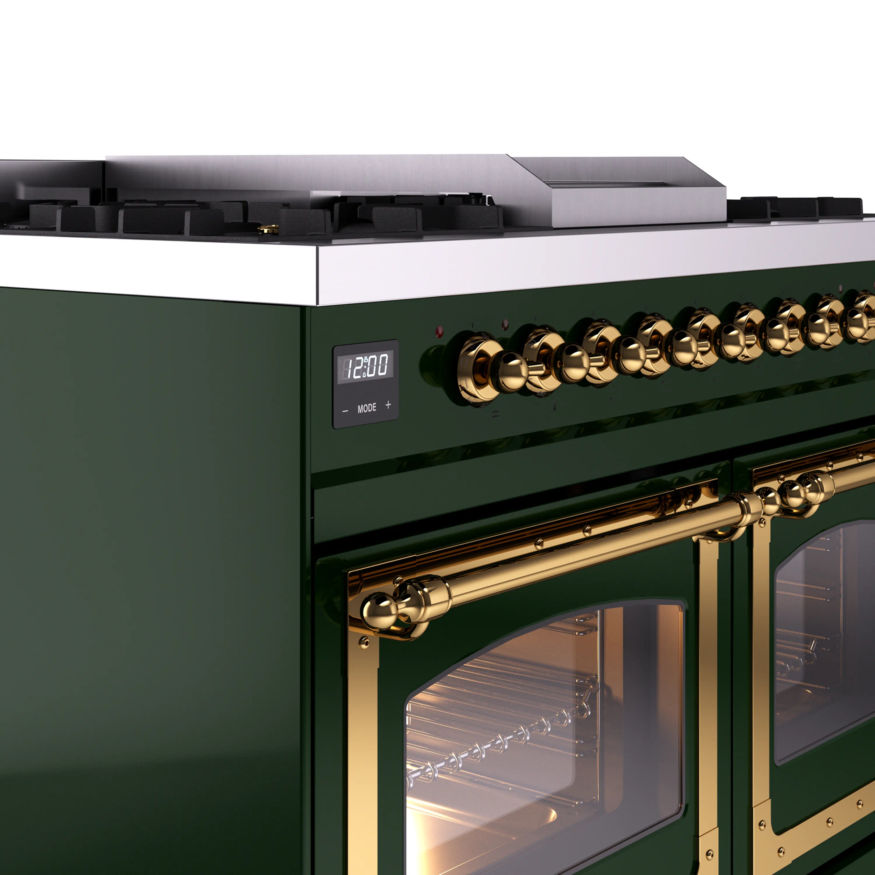 ILVE 40-Inch Nostalgie II Noblesse Natural Gas Dual Fuel Range with Triple Glass Door Oven in Emerald Green with Brass Trim (UND40FNMPEGG) - Image 3