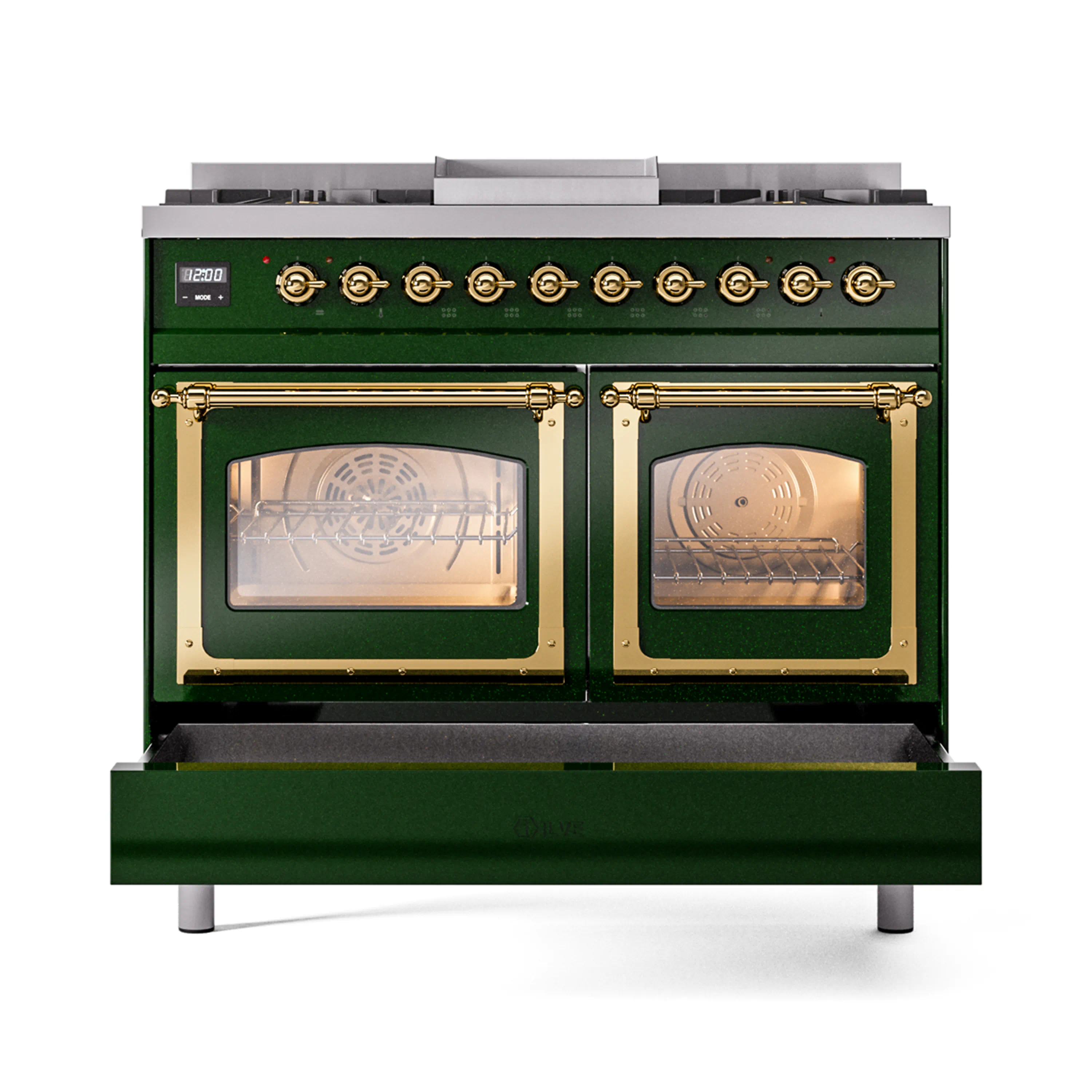 ILVE 40-Inch Nostalgie II Noblesse Natural Gas Dual Fuel Range with Triple Glass Door Oven in Emerald Green with Brass Trim (UND40FNMPEGG) - Image 6