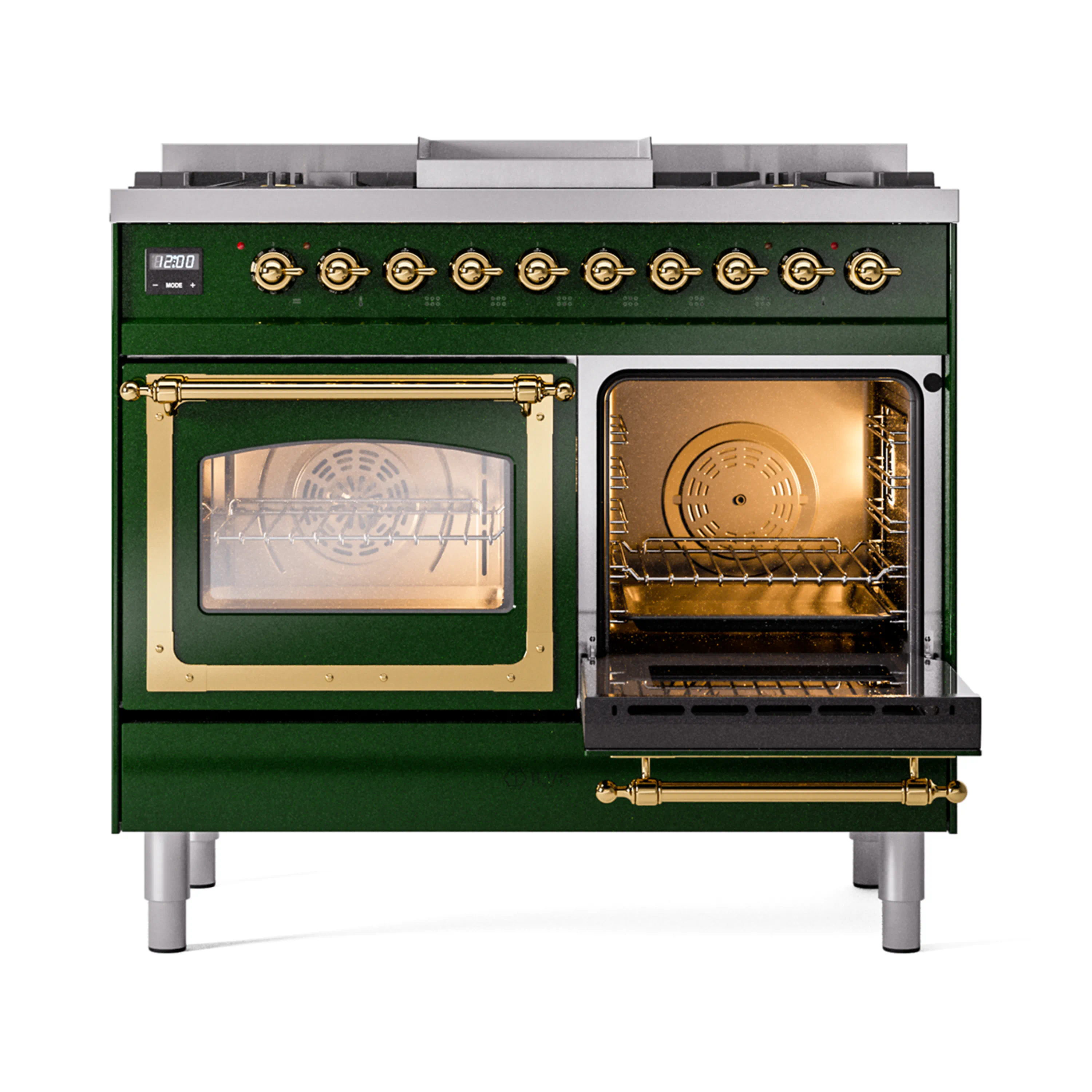 ILVE 40-Inch Nostalgie II Noblesse Natural Gas Dual Fuel Range with Triple Glass Door Oven in Emerald Green with Brass Trim (UND40FNMPEGG) - Image 7