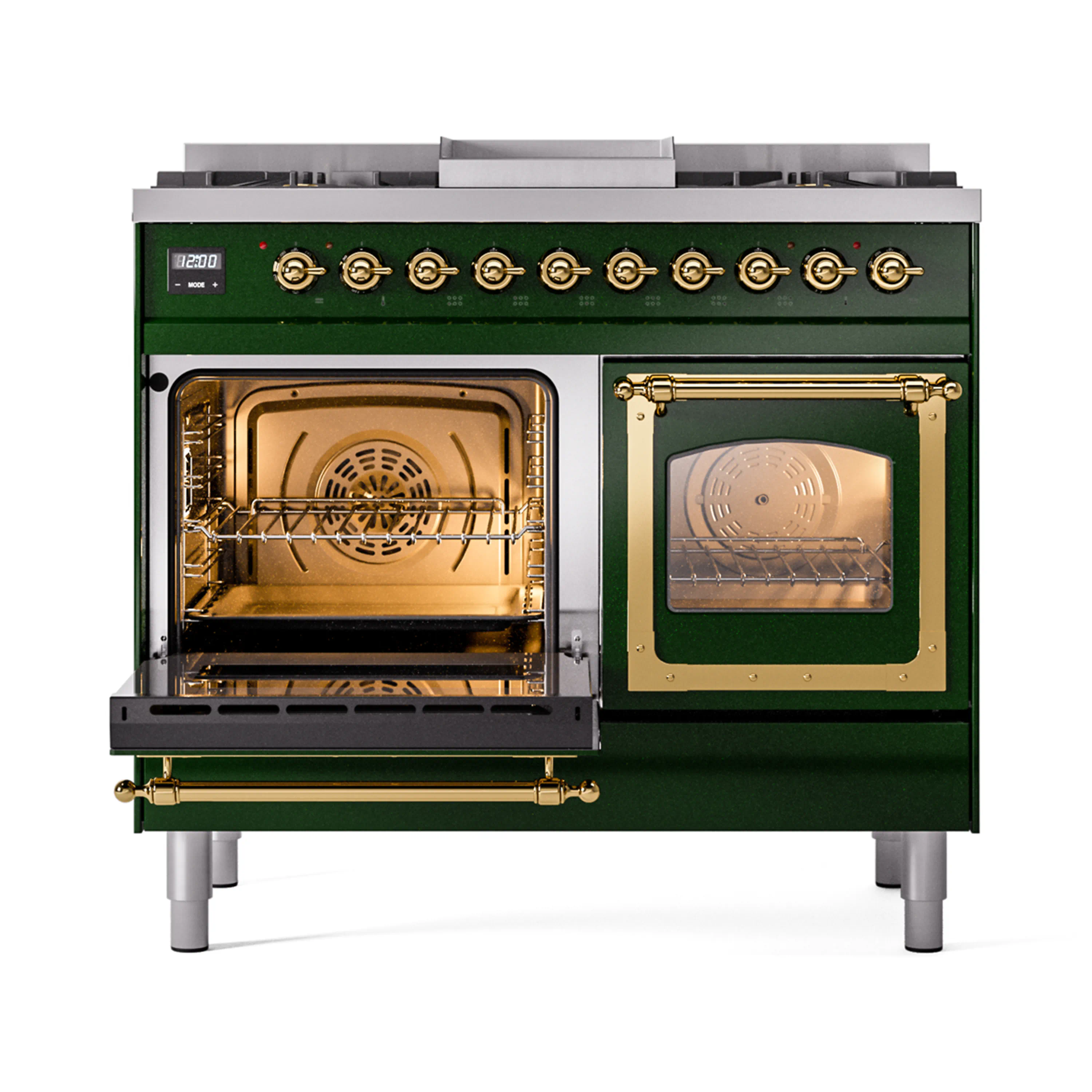 ILVE 40-Inch Nostalgie II Noblesse Natural Gas Dual Fuel Range with Triple Glass Door Oven in Emerald Green with Brass Trim (UND40FNMPEGG) - Image 8