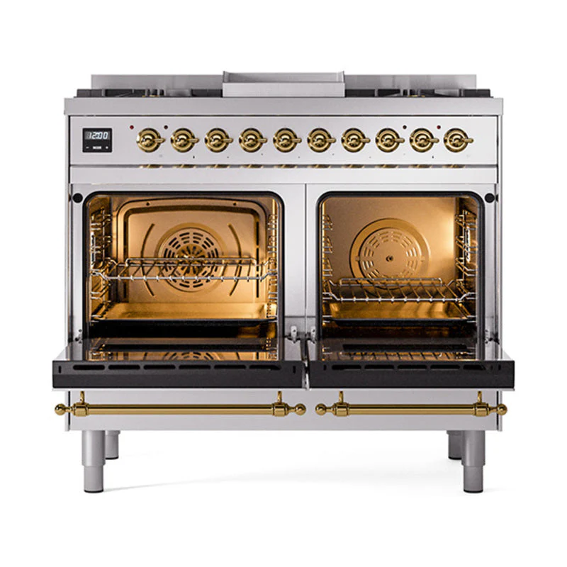 ILVE 40-Inch Nostalgie II Noblesse Natural Gas Dual Fuel Range with Triple Glass Door Oven in Stainless Steel with Brass Trim (UND40FNMPSSG) - Image 5