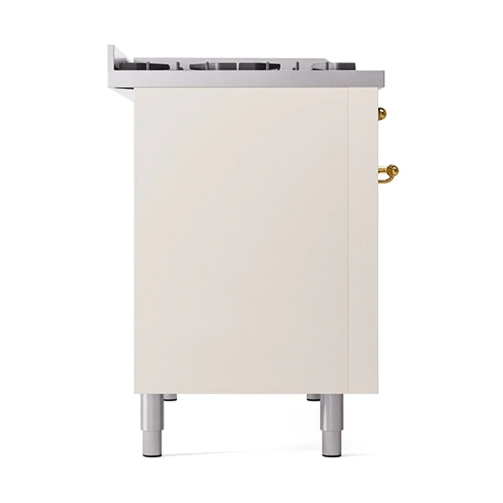 ILVE 48-Inch Nostalgie II Natural Gas Dual Fuel Range with 8 Burners, Griddle, and Solid Door Oven in Antique White with Brass Trim (UP48FQNMPAWG) - Image 4