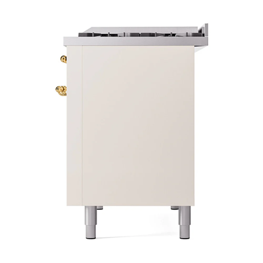 ILVE 48-Inch Nostalgie II Natural Gas Dual Fuel Range with 8 Burners, Griddle, and Solid Door Oven in Antique White with Brass Trim (UP48FQNMPAWG) - Image 5