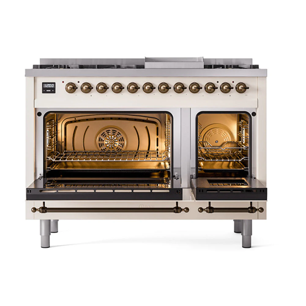 ILVE 48-Inch Nostalgie II Natural Gas Dual Fuel Range with 8 Burners, Griddle, and Solid Door Oven in Antique White with Bronze Trim (UP48FQNMPAWB) - Image 2
