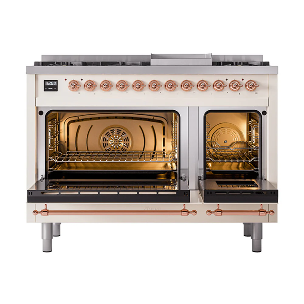 ILVE 48-Inch Nostalgie II Natural Gas Dual Fuel Range with 8 Burners, Griddle, and Solid Door Oven in Antique White with Copper Trim (UP48FQNMPAWP) - Image 2