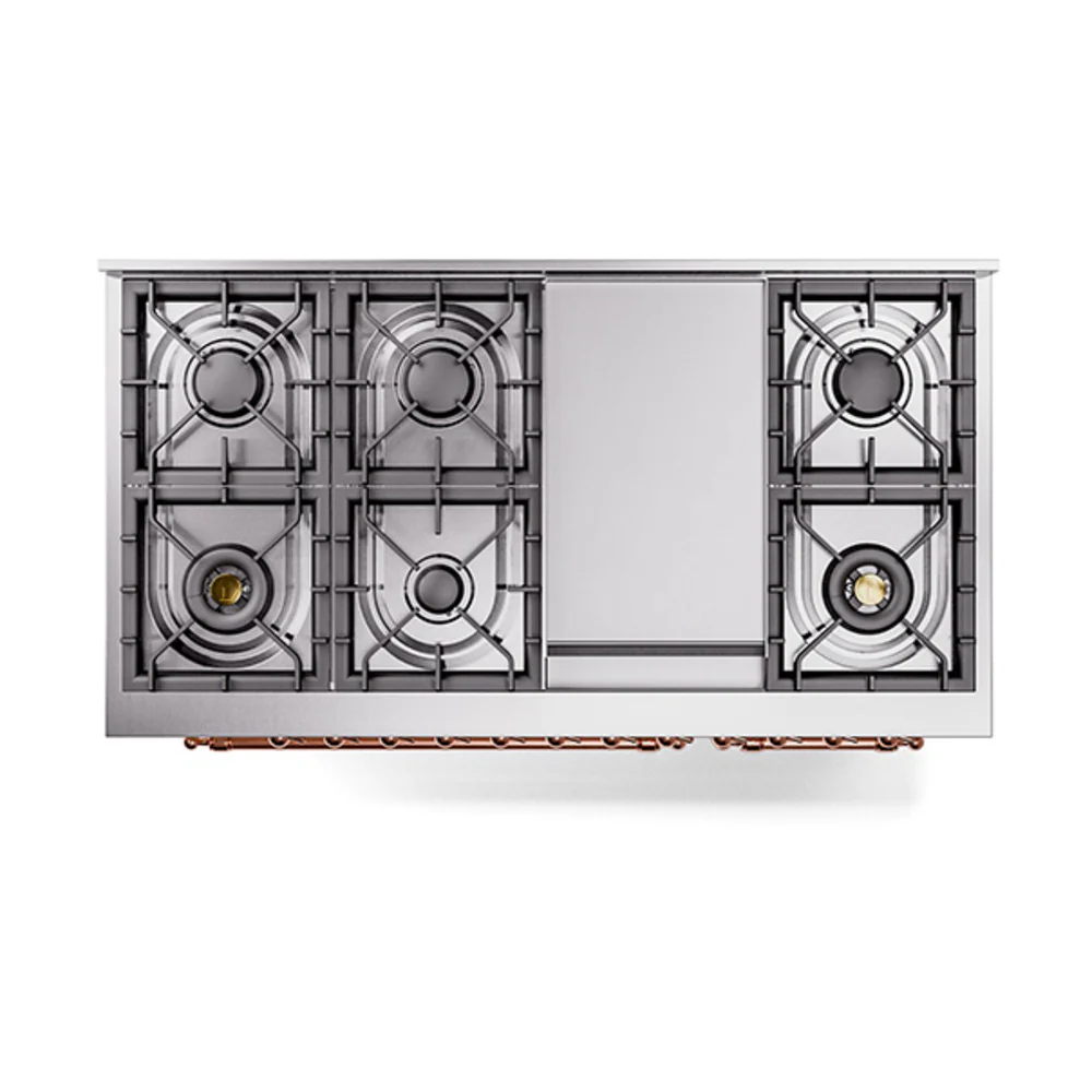 ILVE 48-Inch Nostalgie II Natural Gas Dual Fuel Range with 8 Burners, Griddle, and Solid Door Oven in Antique White with Copper Trim (UP48FQNMPAWP) - Image 3