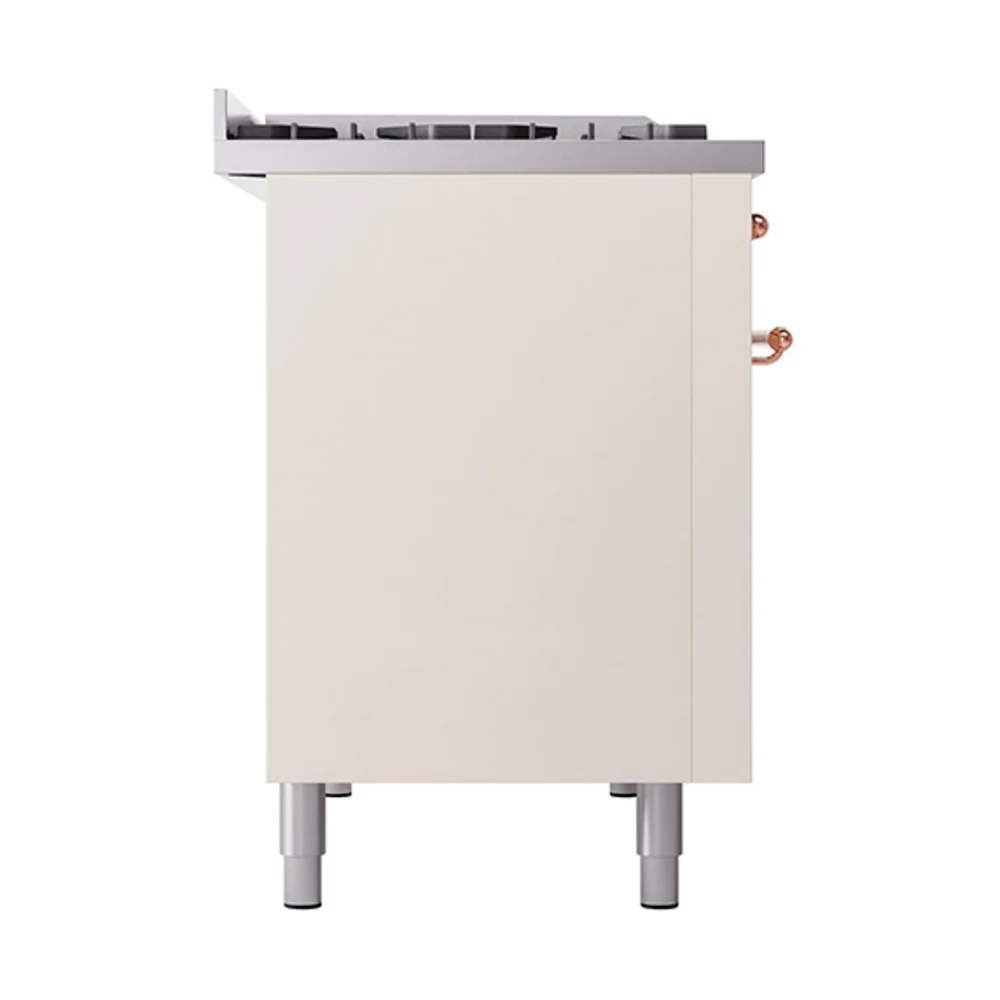 ILVE 48-Inch Nostalgie II Natural Gas Dual Fuel Range with 8 Burners, Griddle, and Solid Door Oven in Antique White with Copper Trim (UP48FQNMPAWP) - Image 4