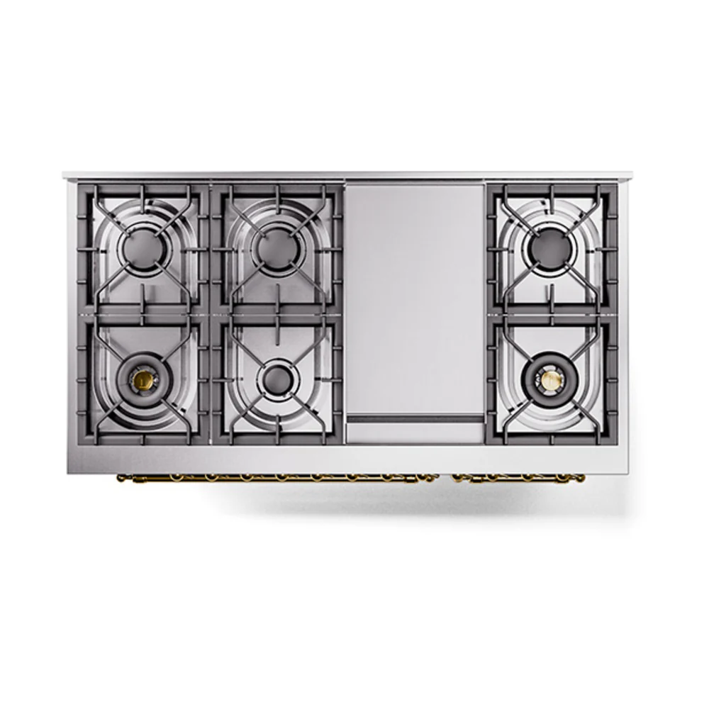 ILVE 48-Inch Nostalgie II Natural Gas Dual Fuel Range with 8 Burners, Griddle, and Solid Door Oven in Blue Grey with Brass Trim (UP48FQNMPBGG) - Image 3