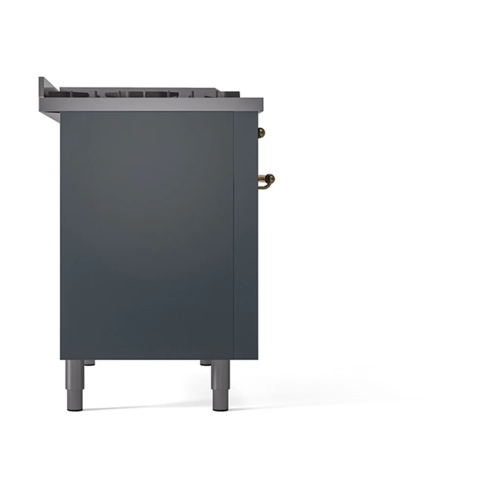 ILVE 48-Inch Nostalgie II Natural Gas Dual Fuel Range with 8 Burners, Griddle, and Solid Door Oven in Blue Grey with Brass Trim (UP48FQNMPBGG) - Image 4