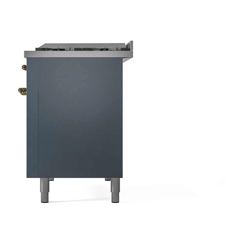 ILVE 48-Inch Nostalgie II Natural Gas Dual Fuel Range with 8 Burners, Griddle, and Solid Door Oven in Blue Grey with Bronze Trim (UP48FQNMPBGB) - Image 4