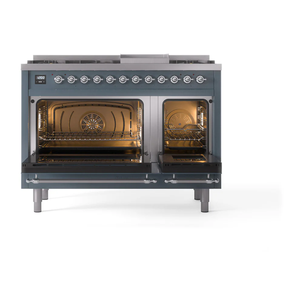 ILVE 48-Inch Nostalgie II Natural Gas Dual Fuel Range with 8 Burners, Griddle, and Solid Door Oven in Blue Grey with Chrome Trim (UP48FQNMPBGC) - Image 2