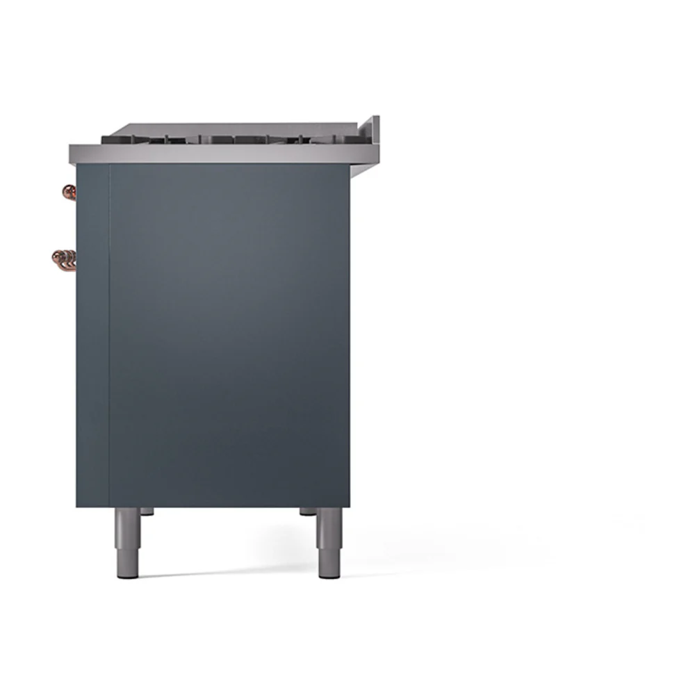 ILVE 48-Inch Nostalgie II Natural Gas Dual Fuel Range with 8 Burners, Griddle, and Solid Door Oven in Blue Grey with Copper Trim (UP48FQNMPBGP) - Image 5