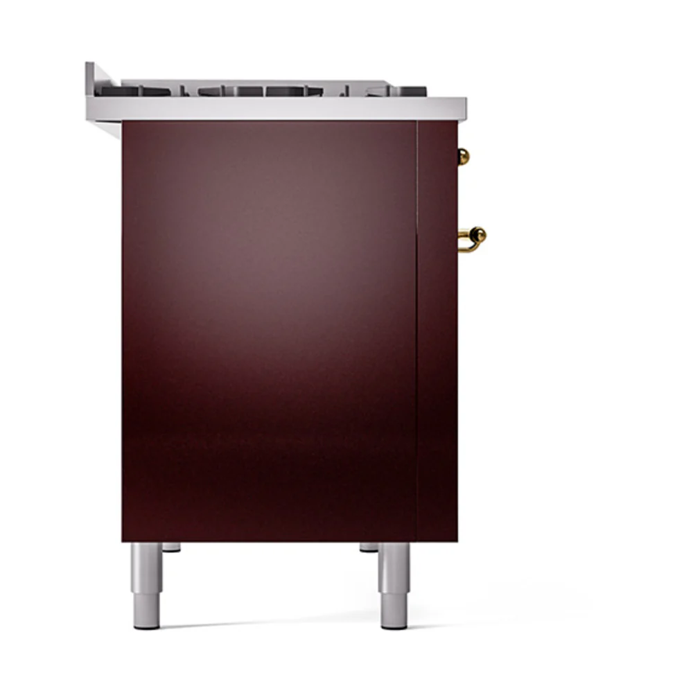 ILVE 48-Inch Nostalgie II Natural Gas Dual Fuel Range with 8 Burners, Griddle, and Solid Door Oven in Burgundy with Brass Trim (UP48FQNMPBUG) - Image 4