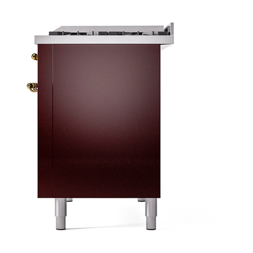 ILVE 48-Inch Nostalgie II Natural Gas Dual Fuel Range with 8 Burners, Griddle, and Solid Door Oven in Burgundy with Brass Trim (UP48FQNMPBUG) - Image 5