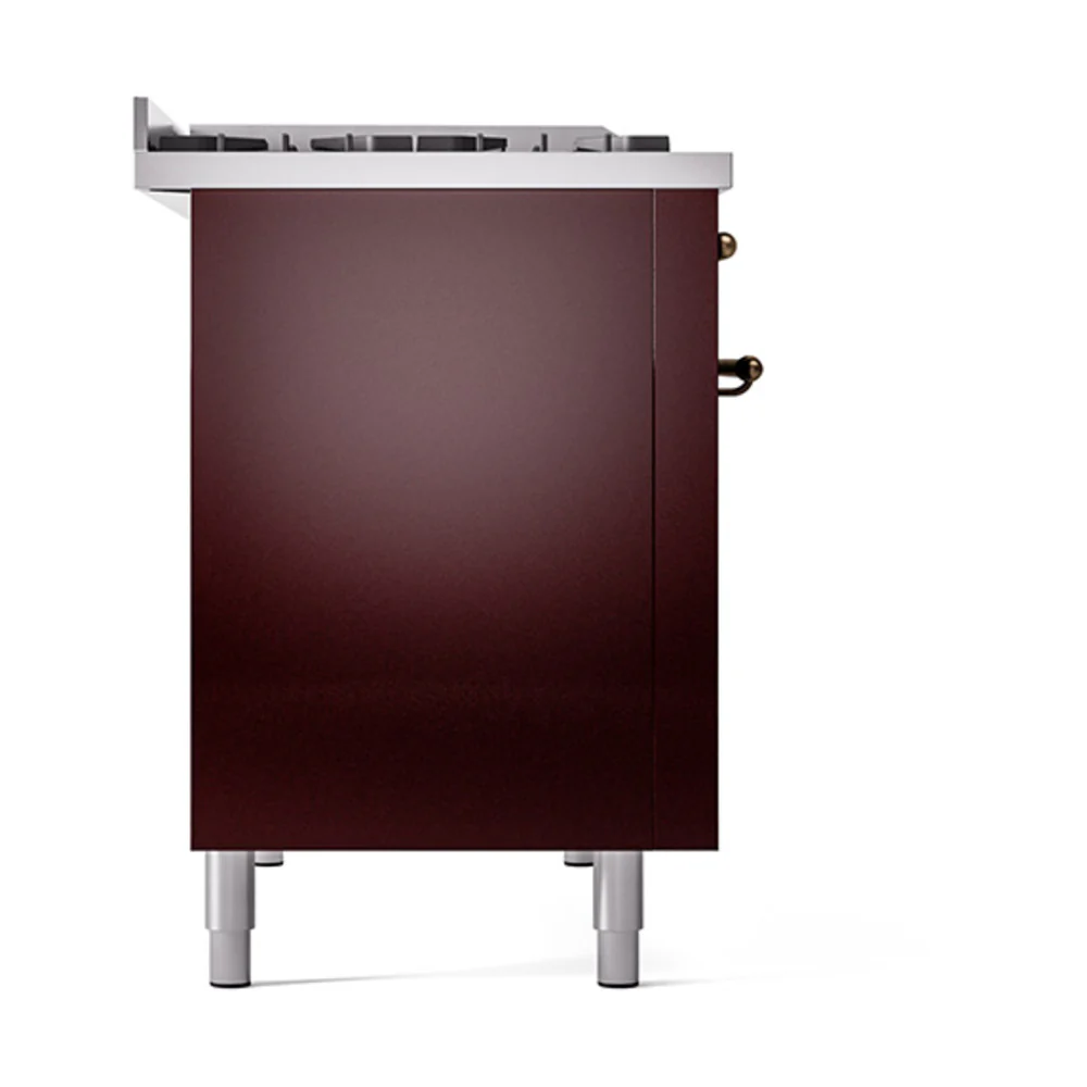 ILVE 48-Inch Nostalgie II Natural Gas Dual Fuel Range with 8 Burners, Griddle, and Solid Door Oven in Burgundy with Bronze Trim (UP48FQNMPBUB) - Image 4