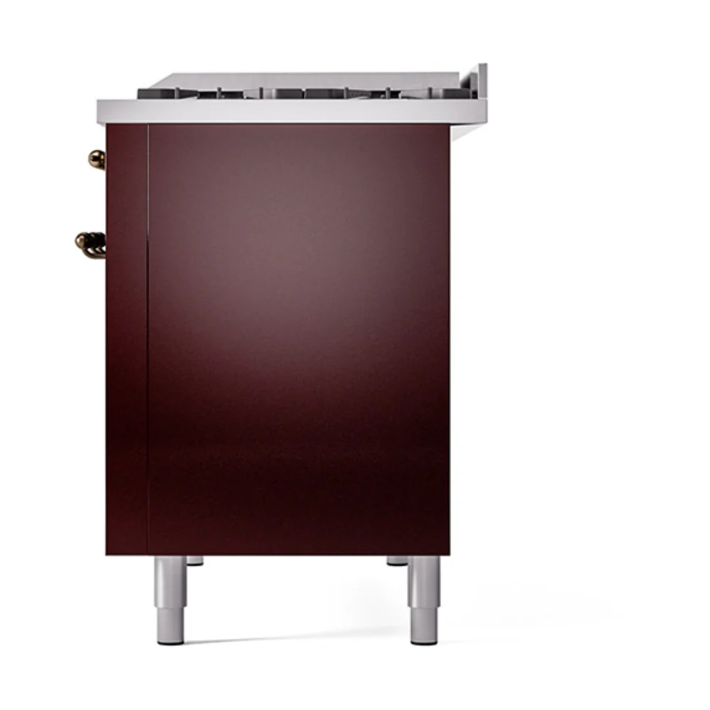 ILVE 48-Inch Nostalgie II Natural Gas Dual Fuel Range with 8 Burners, Griddle, and Solid Door Oven in Burgundy with Bronze Trim (UP48FQNMPBUB) - Image 5