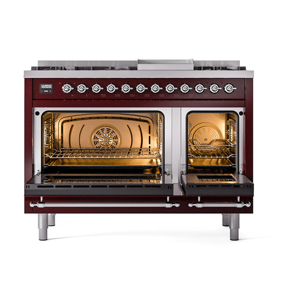 ILVE 48-Inch Nostalgie II Natural Gas Dual Fuel Range with 8 Burners, Griddle, and Solid Door Oven in Burgundy with Chrome Trim (UP48FQNMPBUC) - Image 2