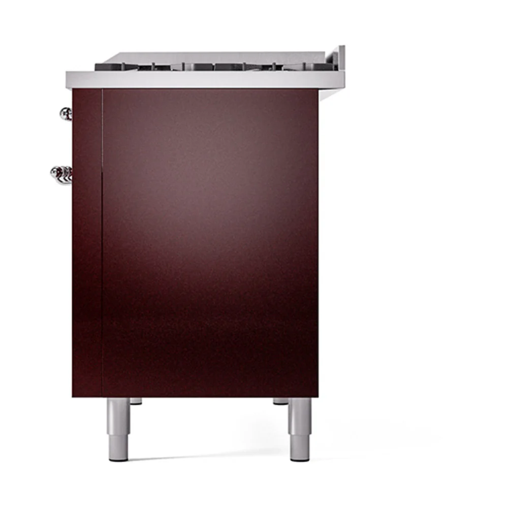 ILVE 48-Inch Nostalgie II Natural Gas Dual Fuel Range with 8 Burners, Griddle, and Solid Door Oven in Burgundy with Chrome Trim (UP48FQNMPBUC) - Image 5