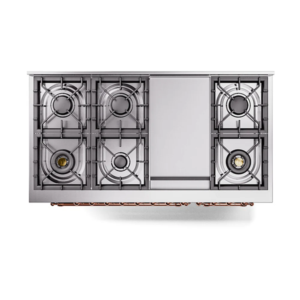 ILVE 48-Inch Nostalgie II Natural Gas Dual Fuel Range with 8 Burners, Griddle, and Solid Door Oven in Burgundy with Copper Trim (UP48FQNMPBUP) - Image 3