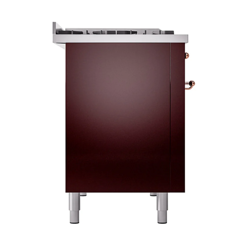 ILVE 48-Inch Nostalgie II Natural Gas Dual Fuel Range with 8 Burners, Griddle, and Solid Door Oven in Burgundy with Copper Trim (UP48FQNMPBUP) - Image 4