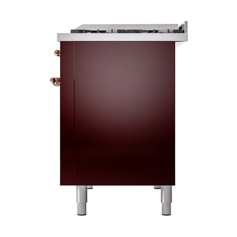 ILVE 48-Inch Nostalgie II Natural Gas Dual Fuel Range with 8 Burners, Griddle, and Solid Door Oven in Burgundy with Copper Trim (UP48FQNMPBUP) - Image 5