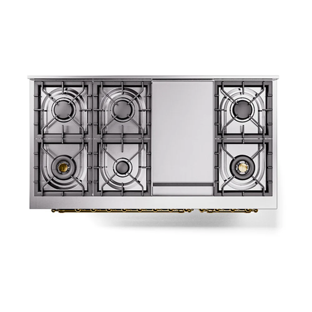 ILVE 48-Inch Nostalgie II Natural Gas Dual Fuel Range with 8 Burners, Griddle, and Solid Door Oven in Emerald Green with Brass Trim (UP48FQNMPEGG) - Image 3