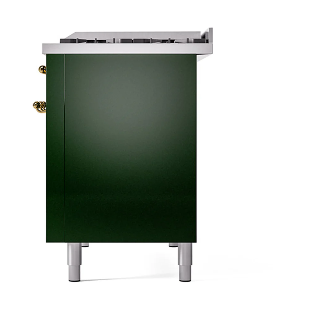 ILVE 48-Inch Nostalgie II Natural Gas Dual Fuel Range with 8 Burners, Griddle, and Solid Door Oven in Emerald Green with Brass Trim (UP48FQNMPEGG) - Image 4
