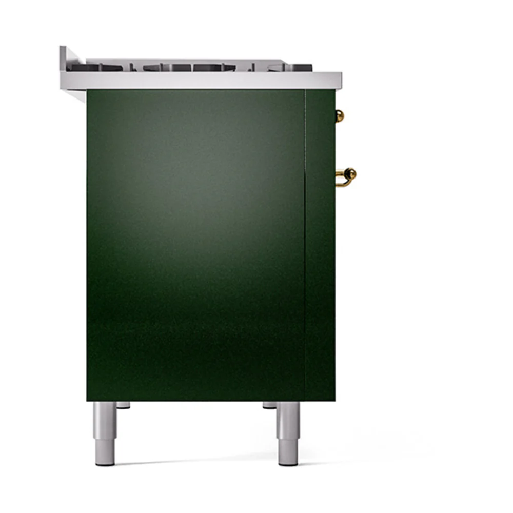 ILVE 48-Inch Nostalgie II Natural Gas Dual Fuel Range with 8 Burners, Griddle, and Solid Door Oven in Emerald Green with Brass Trim (UP48FQNMPEGG) - Image 5