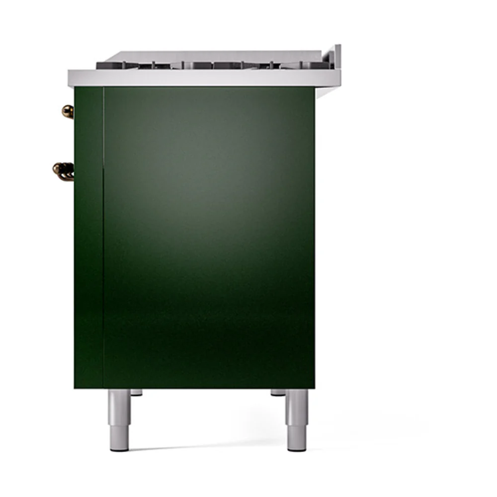ILVE 48-Inch Nostalgie II Natural Gas Dual Fuel Range with 8 Burners, Griddle, and Solid Door Oven in Emerald Green with Bronze Trim (UP48FQNMPEGB) - Image 5