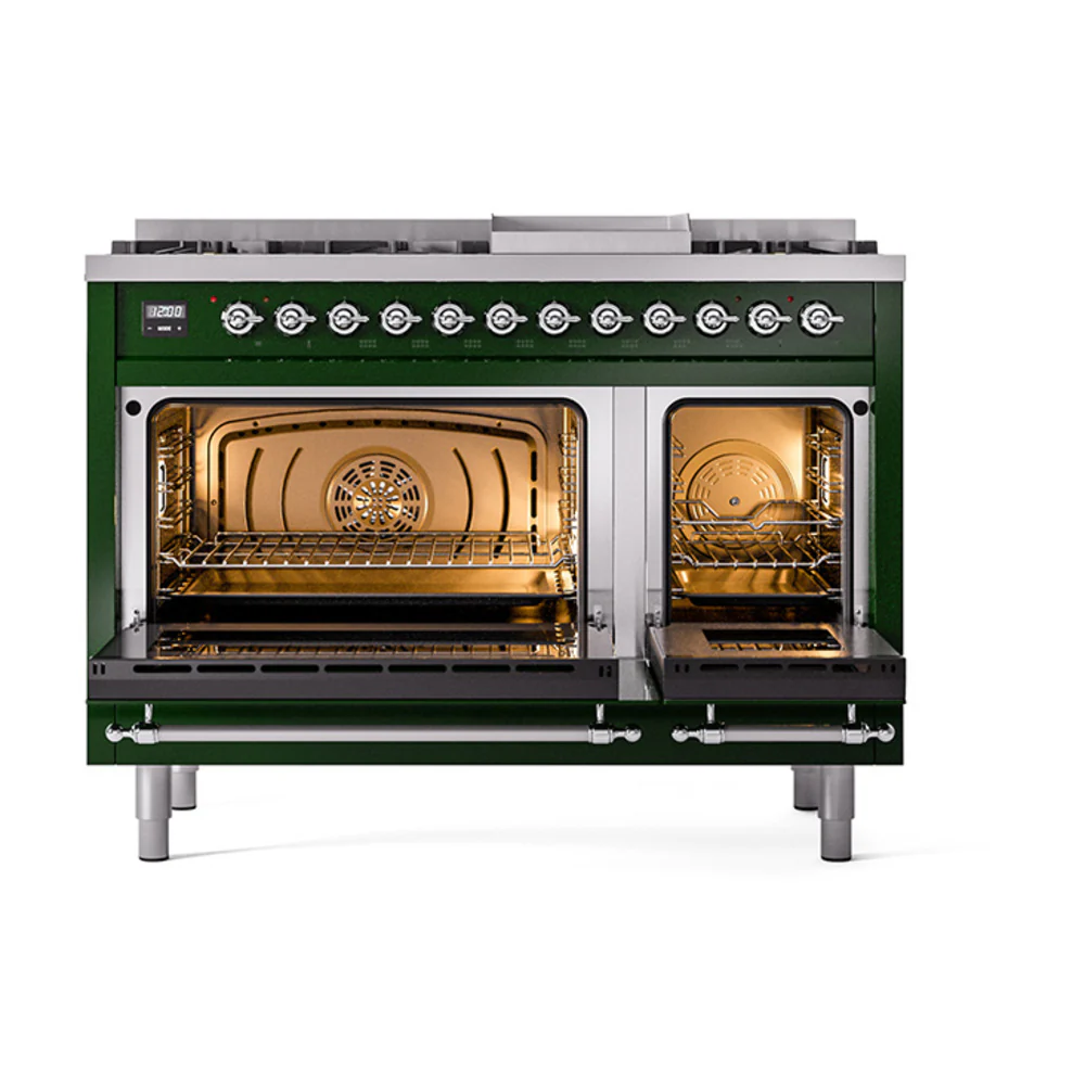 ILVE 48-Inch Nostalgie II Natural Gas Dual Fuel Range with 8 Burners, Griddle, and Solid Door Oven in Emerald Green with Chrome Trim (UP48FQNMPEGC) - Image 2
