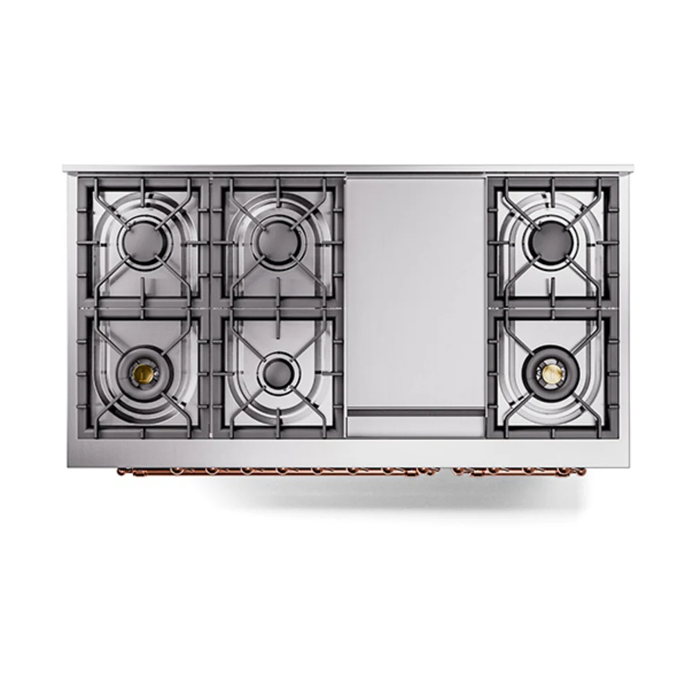 ILVE 48-Inch Nostalgie II Natural Gas Dual Fuel Range with 8 Burners, Griddle, and Solid Door Oven in Emerald Green with Copper Trim (UP48FQNMPEGP) - Image 3