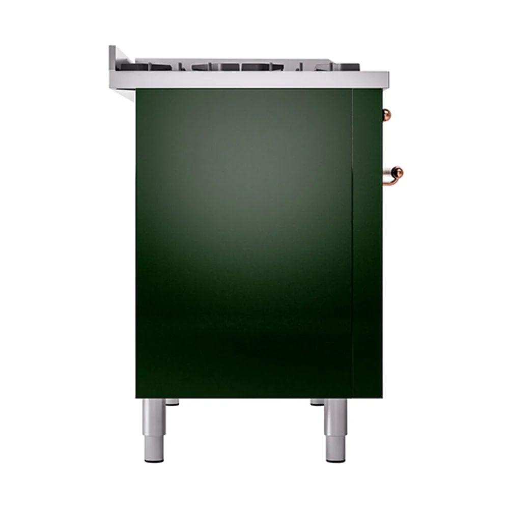 ILVE 48-Inch Nostalgie II Natural Gas Dual Fuel Range with 8 Burners, Griddle, and Solid Door Oven in Emerald Green with Copper Trim (UP48FQNMPEGP) - Image 4