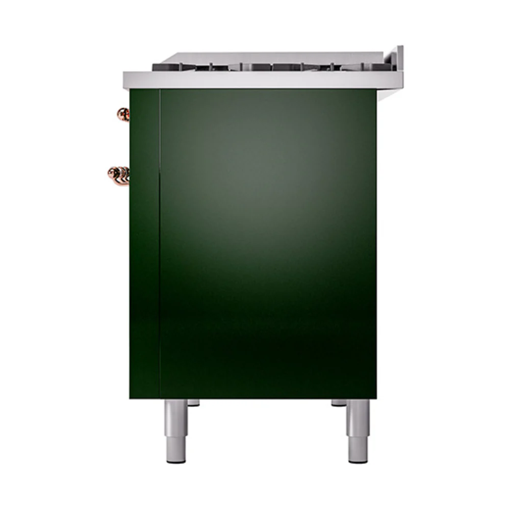 ILVE 48-Inch Nostalgie II Natural Gas Dual Fuel Range with 8 Burners, Griddle, and Solid Door Oven in Emerald Green with Copper Trim (UP48FQNMPEGP) - Image 5