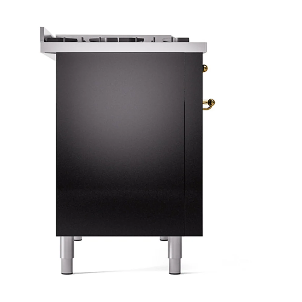 ILVE 48-Inch Nostalgie II Natural Gas Dual Fuel Range with 8 Burners, Griddle, and Solid Door Oven in Glossy Black with Brass Trim (UP48FQNMPBKG) - Image 4