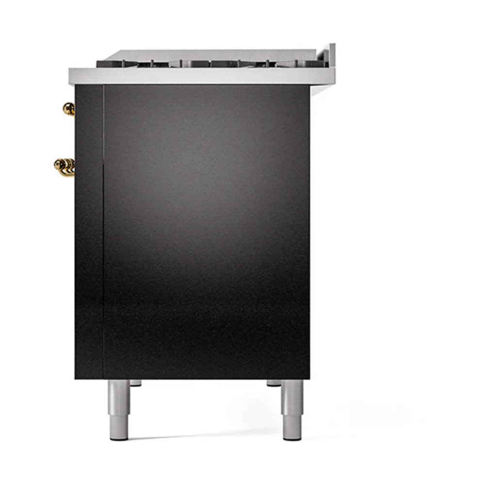 ILVE 48-Inch Nostalgie II Natural Gas Dual Fuel Range with 8 Burners, Griddle, and Solid Door Oven in Glossy Black with Brass Trim (UP48FQNMPBKG) - Image 5