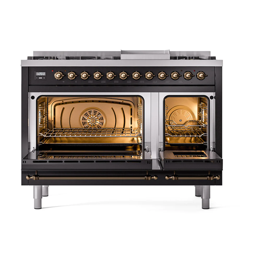 ILVE 48-Inch Nostalgie II Natural Gas Dual Fuel Range with 8 Burners, Griddle, and Solid Door Oven in Glossy Black with Bronze Trim (UP48FQNMPBKB) - Image 2