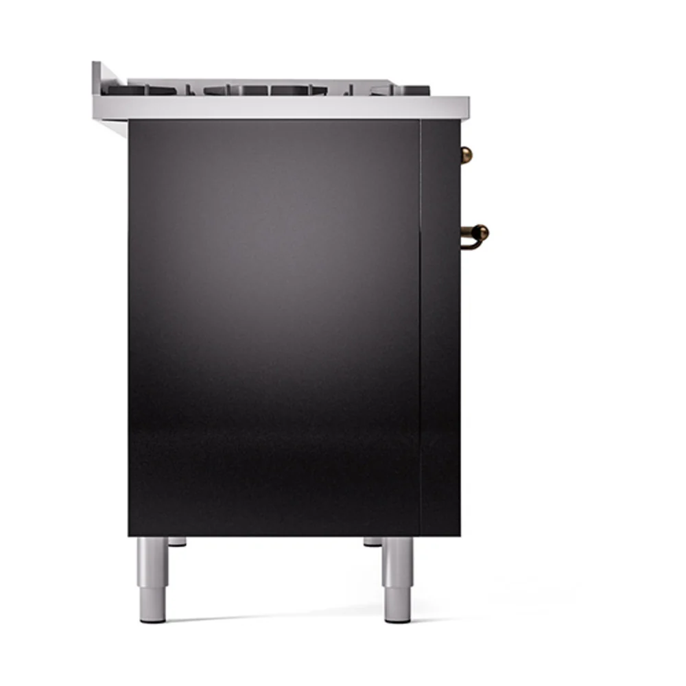 ILVE 48-Inch Nostalgie II Natural Gas Dual Fuel Range with 8 Burners, Griddle, and Solid Door Oven in Glossy Black with Bronze Trim (UP48FQNMPBKB) - Image 4