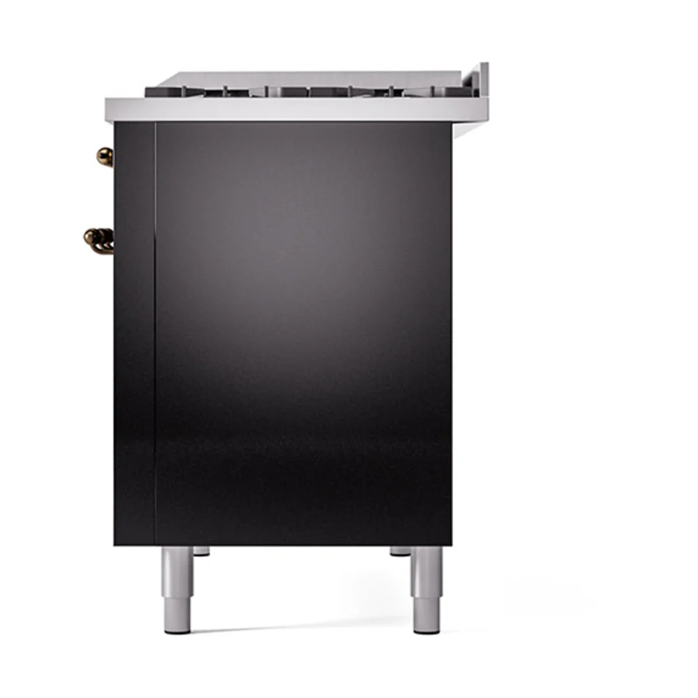 ILVE 48-Inch Nostalgie II Natural Gas Dual Fuel Range with 8 Burners, Griddle, and Solid Door Oven in Glossy Black with Bronze Trim (UP48FQNMPBKB) - Image 5