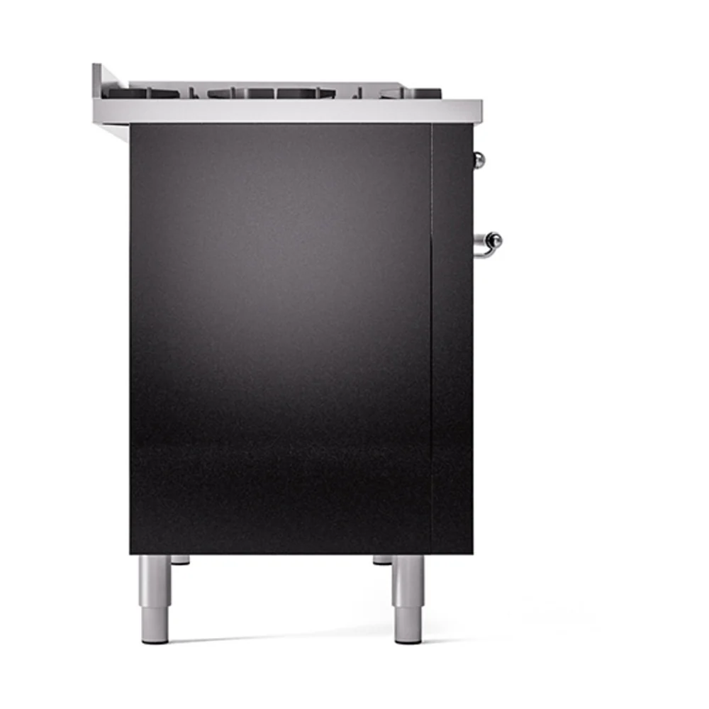 ILVE 48-Inch Nostalgie II Natural Gas Dual Fuel Range with 8 Burners, Griddle, and Solid Door Oven in Glossy Black with Chrome Trim (UP48FQNMPBKC) - Image 4